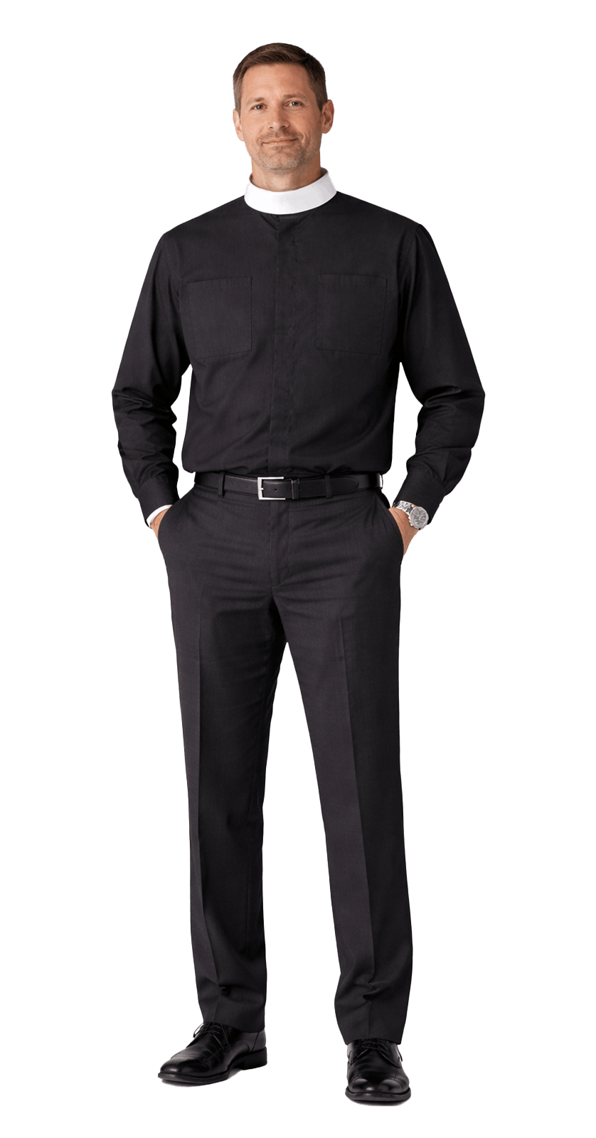 Men's black full collar long sleeve clergy shirt