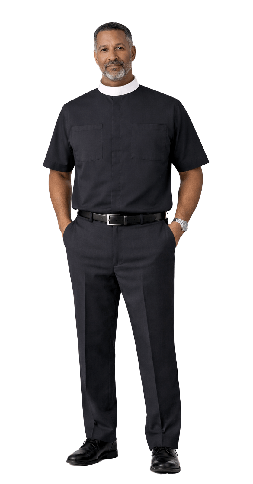 Men's black full collar short sleeve clergy shirt