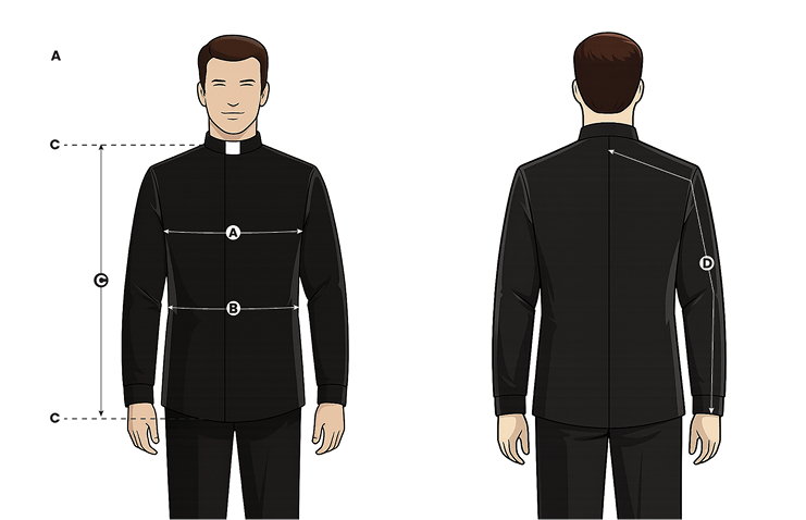 Clergy shirt measurement guide showing chest, waist, length, and sleeve points