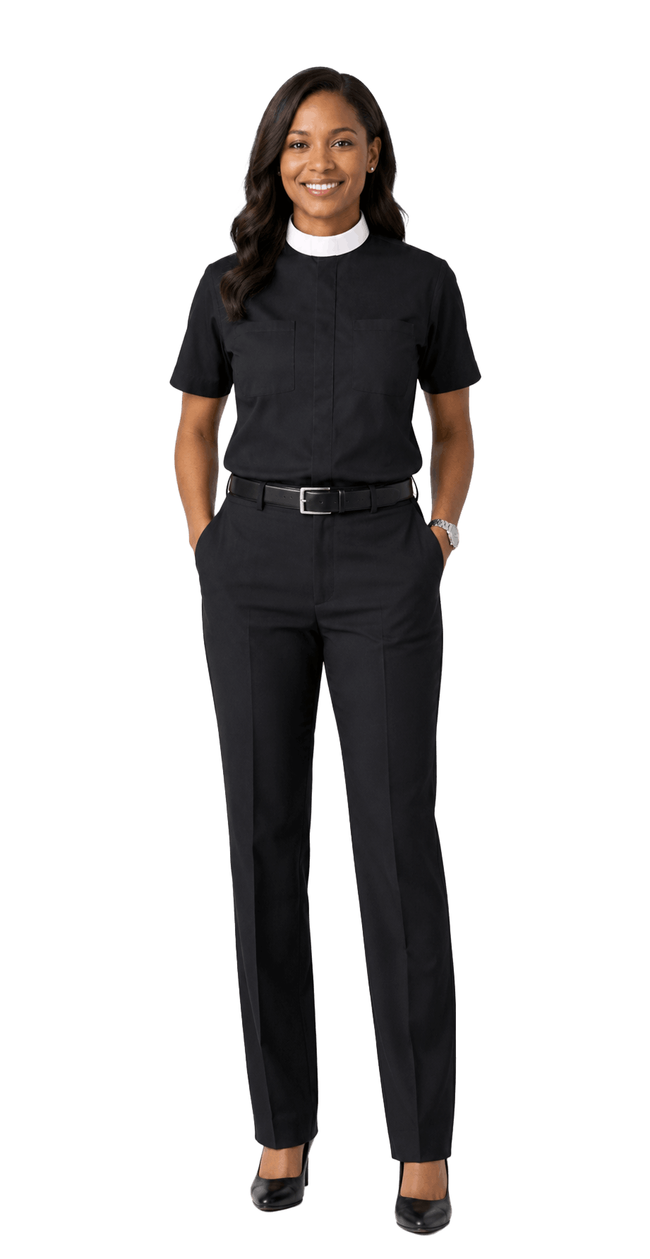 Women's black full collar short sleeve clergy shirt